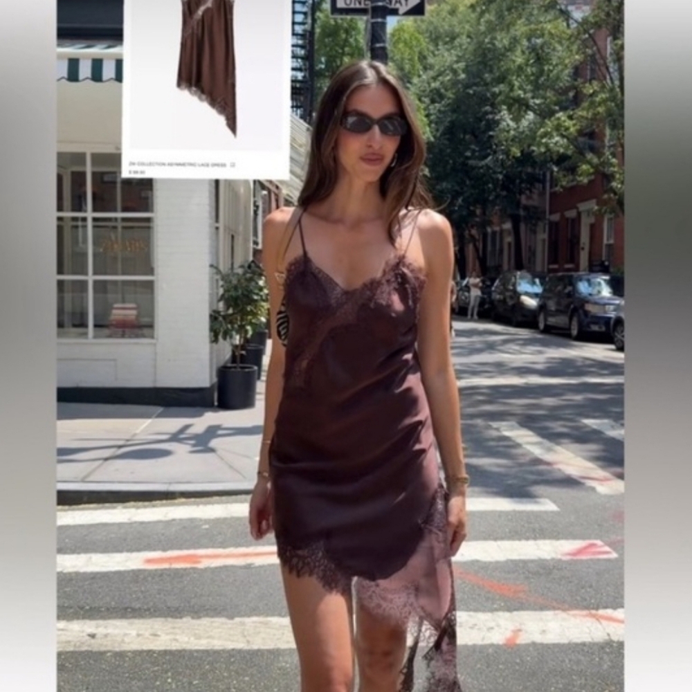 ZARA ASYMMETRIC LACE DRESS Brown Chocolate - Picture 14 of 16